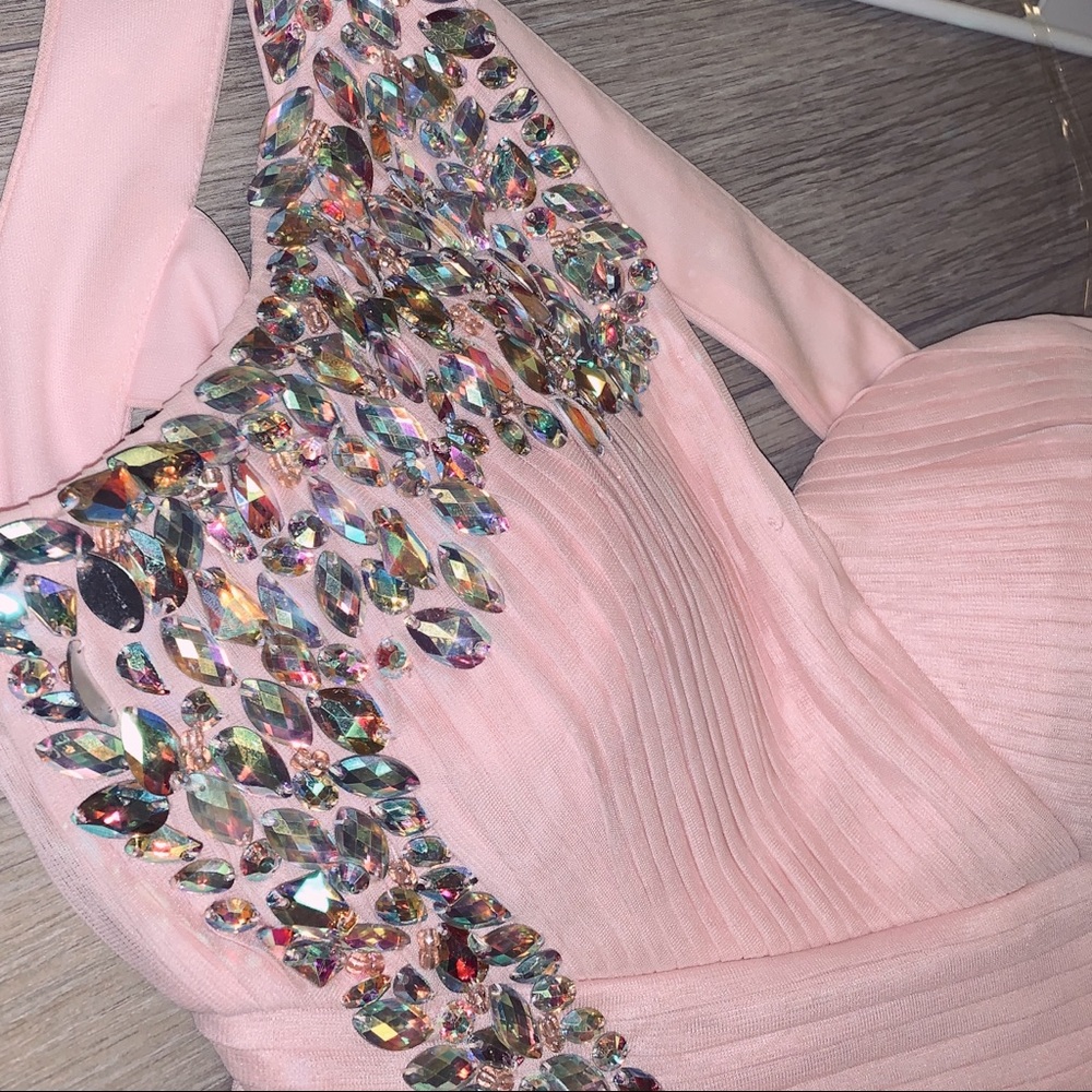 One shoulder chiffon pink gown w/jewelled shoulder